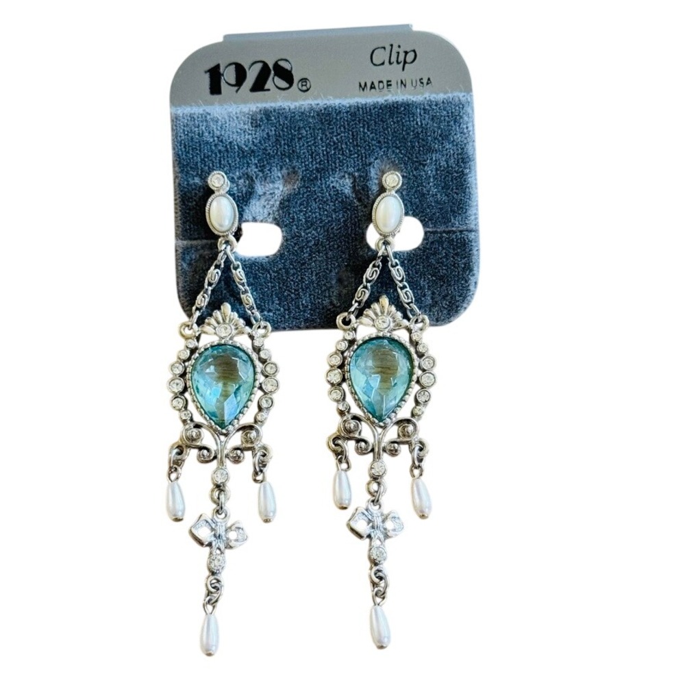 VTG 1928 Co Earrings Chandelier Dangle Faux Aquamarine Pearl Victorian Style 3"